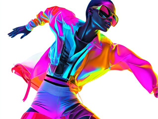 vibrant model in colorful outfit, showcasing dynamic movement and style