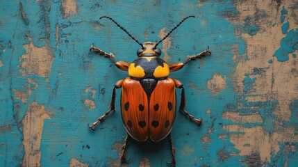 Vibrant Ladybug Insect Perched on Weathered and Oxidized Antique Metal Background with Grungy Textured Surface and Peeling Paint