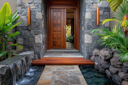A serene entrance with a polished wooden door, natural stone walls, and a small water feature