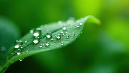 Macro photography of dew drops on green leaf	