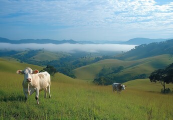 Serene Pastoral Scene with Grazing Cows in Lush Green Hills Under a Clear Blue Sky and Gentle Morning Fog in the Background