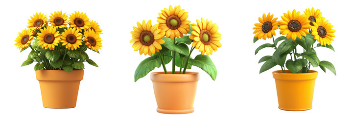 Obraz premium A Set of Cheerful 3D Cartoon Sunflower Arrangements Isolated on Transparent Background