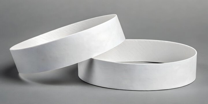  Two plain white paper wristbands isolated on a neutral gray background. A clean mockup ideal for customization, event branding, or product design.