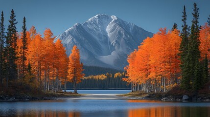 Fototapeta premium A winding mountain road surrounded by vibrant fall foliage under a clear blue sky.