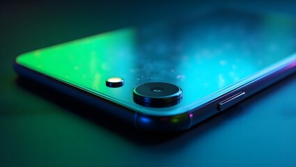 Closeup of smartphone camera lens and side button, modern technology, copy space
