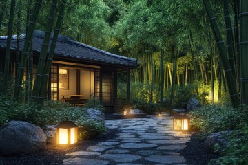 A serene Japanese tea house surrounded by bamboo groves and a stone lantern-lit pathway