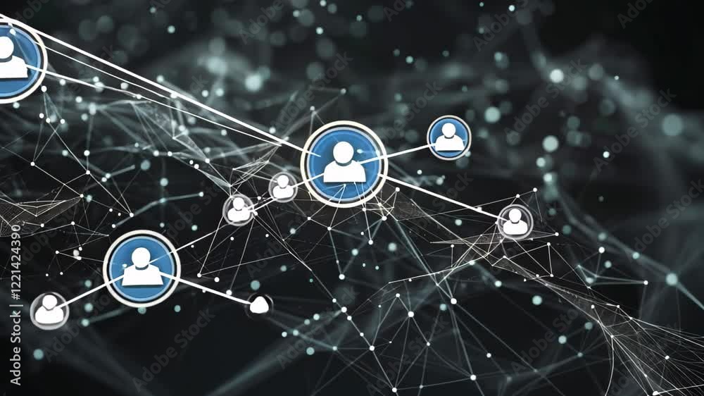 Poster a digital background features a complex network of interconnected dots and lines, creating an abstra