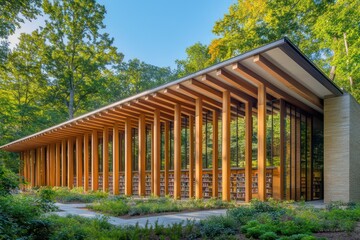 A serene library building with a facade of vertical wooden beams and a cantilevered roof, blending into a wooded setting