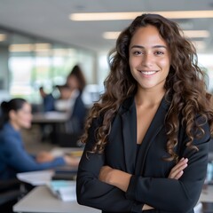 Fototapeta premium Confident businesswoman smiling, arms crossed, modern office background (1)