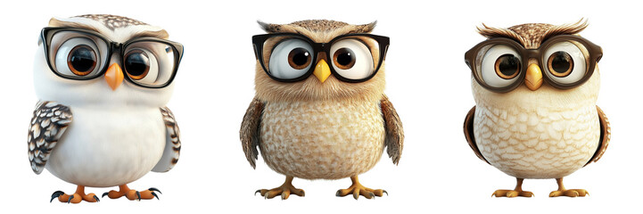 Fototapeta premium A Set of Adorable 3D Cartoon Owls with Glasses Smiling Isolated on transparent Background