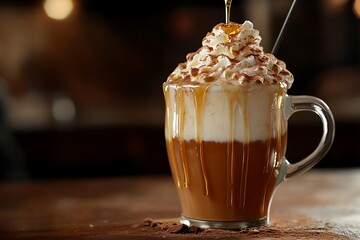 A rich cinnamon maple syrup latte with whipped cream and a drizzle of maple syrup.