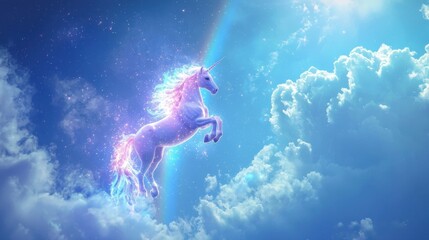 A unicorn is flying through the sky with a rainbow behind it