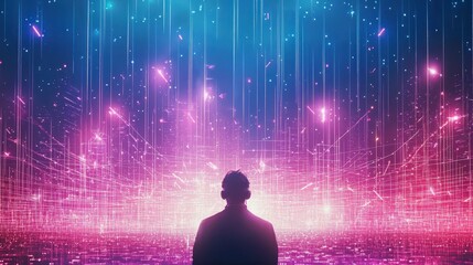 A silhouette of a person gazing at a vibrant digital landscape filled with colorful particles and beams of light, symbolizing innovation and the future.