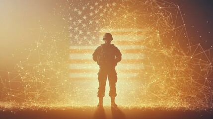 Fototapeta premium A soldier stands in front of a glowing American flag, symbolizing patriotism and courage. The image blends tradition with modern technology in a powerful way.