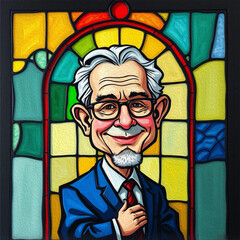 Caricature. Fictional character. Colorful stained glass window. Multicolored interior design template. Oil painting