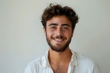 Obraz premium Portrait of a young Mediterranean man with curly dark hair and beard wearing white shirt, showing genuine smile against light background. Perfect for lifestyle and authenticity campaigns.