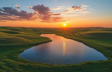 Serene Sunset Over Rolling Green Hills and Calm Water Reflecting Colorful Sky in a Peaceful Rural Landscape with Grazing Cattle