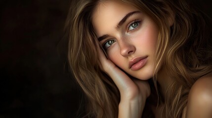 Naklejka premium Close-up of a beautiful brunette woman with glamorous makeup and a confident smile