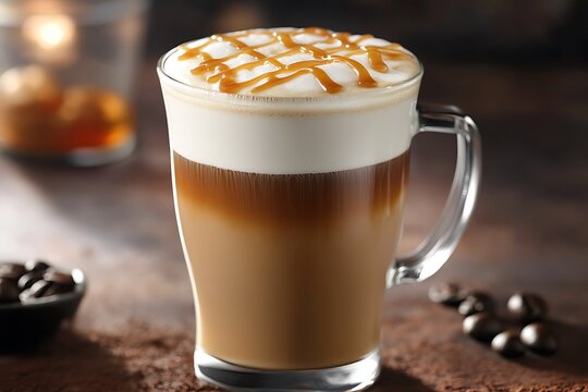 A rich coffee caramel latte with a silky foam top and a drizzle of caramel syrup.