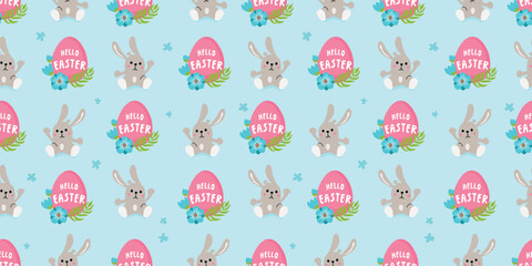 Easter seamless pattern with cute bunny, egg, flowers. Cartoon background with animal and floral composition. Vector design for wrapping paper,wallpaper,textile,cover. Flat color seasonal illustration