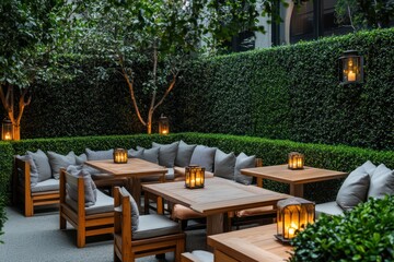 A serene outdoor seating area with wooden tables, cozy cushions, surrounded by tall hedges and ambient lantern lighting