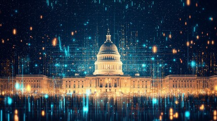A stunning digital artwork showcasing a modern representation of a significant government building illuminated with vibrant lights and digital effects.