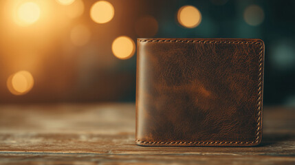 A brown leather wallet on a brown wooden table