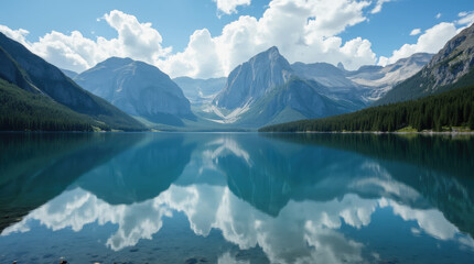 Fototapeta premium Crystal clear lake captures the reflections of towering mountains and billowing clouds. Lush forests frame the tranquil water, creating a peaceful nature scene