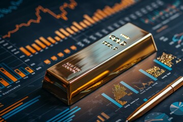 Shining gold ingot on table surrounded by charts reflecting rising prices and active work atmosphere