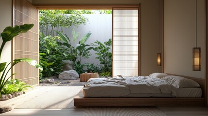 A bedroom with a wooden bed and a plant in the corner