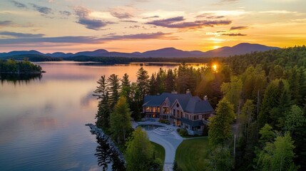 A lake with a house on it and a sunset in the background