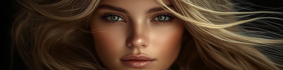 Fototapeta premium Close-up portrait of a beautiful brunette woman with flowing hair, elegance and beauty, beauty industry photo, hairdressing services and care hair products content
