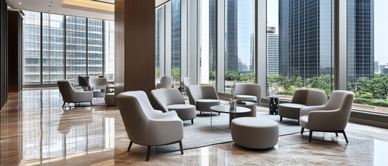 Fototapeta premium Modern co working space with stylish furniture and large windows