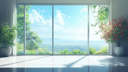 Modern Living Room With Panoramic Windows Showcasing Hillside Views and a Sleek Design Amidst a Serene Outdoor Landscape