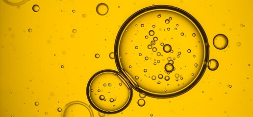 Abstract close-up of oil bubbles in golden liquid with transparent round shapes floating symmetrically, representing natural beauty, chemistry and vibrant textures banner and cover