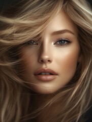 Naklejka premium Close-up portrait of a beautiful brunette woman with flowing hair, elegance and beauty, beauty industry photo, hairdressing services and care hair products content