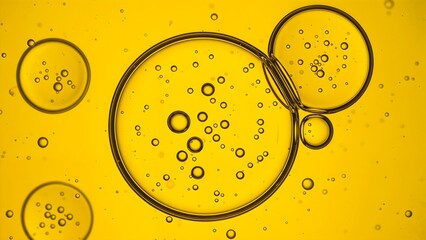 Abstract golden liquid with floating oil bubbles, showcasing clear circular formations in a vibrant yellow background - symbolizing purity, natural beauty and texture