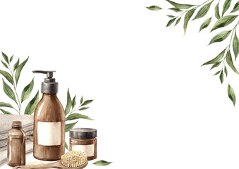 Glass bottle with serum or oil, massage brush, towel, bottle with diffuser and cream. Watercolor rectangular work with green plants for eco-branding of cosmetics, packaging, beauty blogs, banners