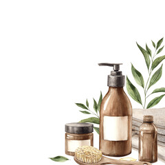 Green branches with leaves, shampoo or shower gel with diffuser, cream in a jar, body brush, serum and towel. Watercolor square frame for eco-branding of cosmetics, packaging, beauty blogs, banners