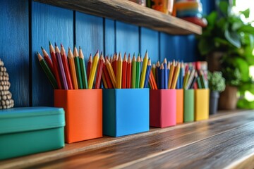 Colorful pencils standing in colorful holders on wooden shelf against blue wall, ready for creative activities