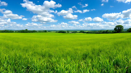 Fototapeta premium Vast green field under a bright sky