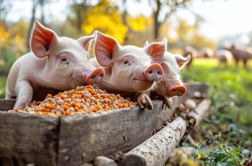 Three Adorable Piglets Enjoying Meal at Farm During Golden Hour with Soft Natural Light and Blurred Background Creating a Peaceful Agricultural Atmosphere