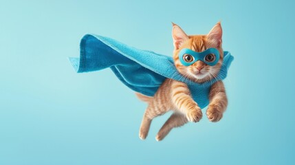 A cat wearing a blue cape and a mask is flying through the air