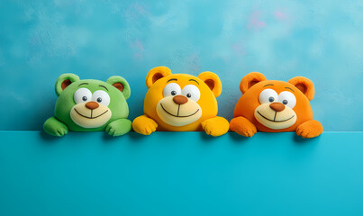 Colorful stuffed bears display cheerful smiles against a vibrant blue backdrop in a playful arrangement during daylight