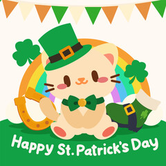Cute St. Patrick&rsquo;s Day illustration features an adorable cat wearing a leprechaun hat and bow tie, surrounded by a rainbow, clover, horseshoe, and festive bunting.