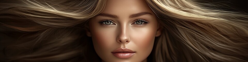 Naklejka premium Close-up portrait of a beautiful brunette woman with flowing hair, elegance and beauty, beauty industry photo, hairdressing services and care hair products content