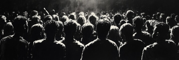 Large group of people enjoying live music performance in crowded concert hall with illuminated stage