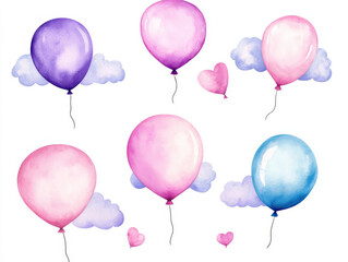 Whimsical watercolor balloons in various colors and sizes with clouds