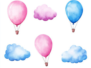 Naklejka premium Whimsical watercolor balloons and fluffy clouds in soft colors create dreamy atmosphere