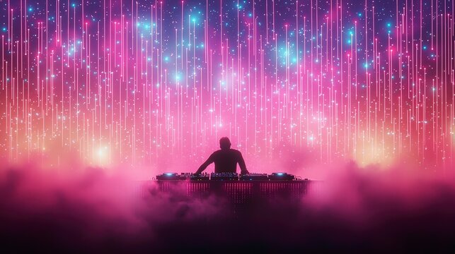 A vibrant and dynamic DJ performance with colorful lights and fog creates an electrifying atmosphere, perfect for nightlife and music events.
